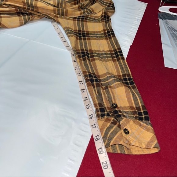 KAVU brown Tan Plaid 1/2 Button Flannel Shirt Big Front Pockets Tunic Cotton Med - Picture 9 of 13